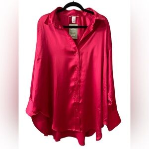 H&M NWT Button Down Satin Blouse Red Pink Size XL